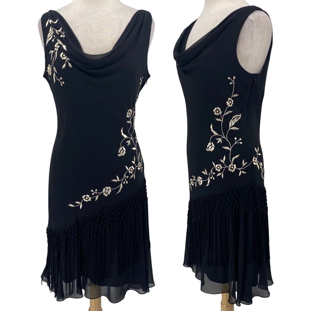 Vintage 90s Alex Evenings Dress Embroidered Cowl Neck Fringe Hem Black Womens 8